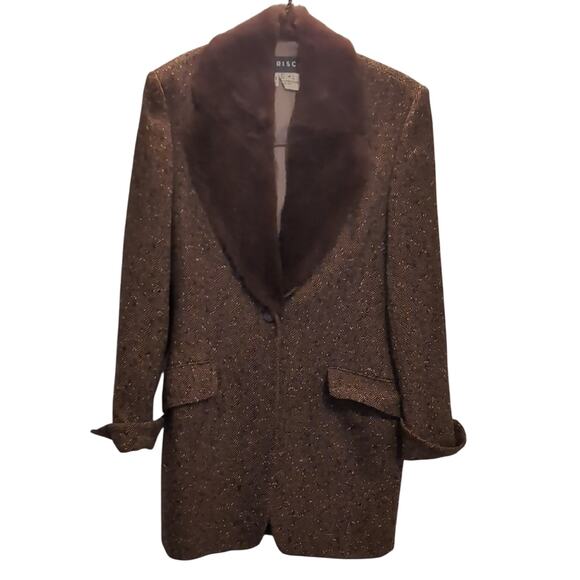 Vintage New Wool Brown Tweed Blazer with Fur Collar - Picture 1 of 4